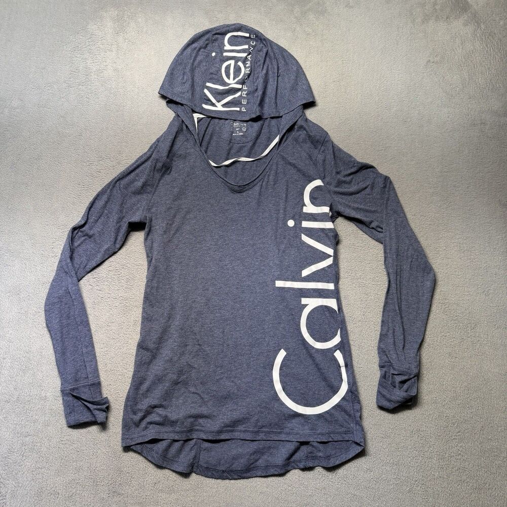 Calvin Klein Performance Women’s Large Hoodie Long Sleeve Blue Logo Pullover Top